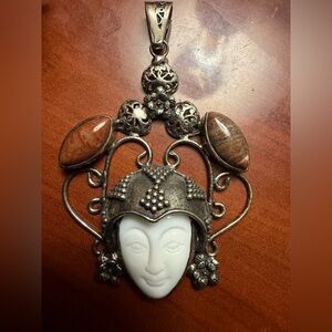 Large ceramic Carved Godess Face Silver Pendant With Jasper Stones